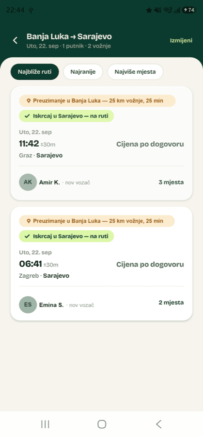 Ekran aplikacije s rezultatima pretrage